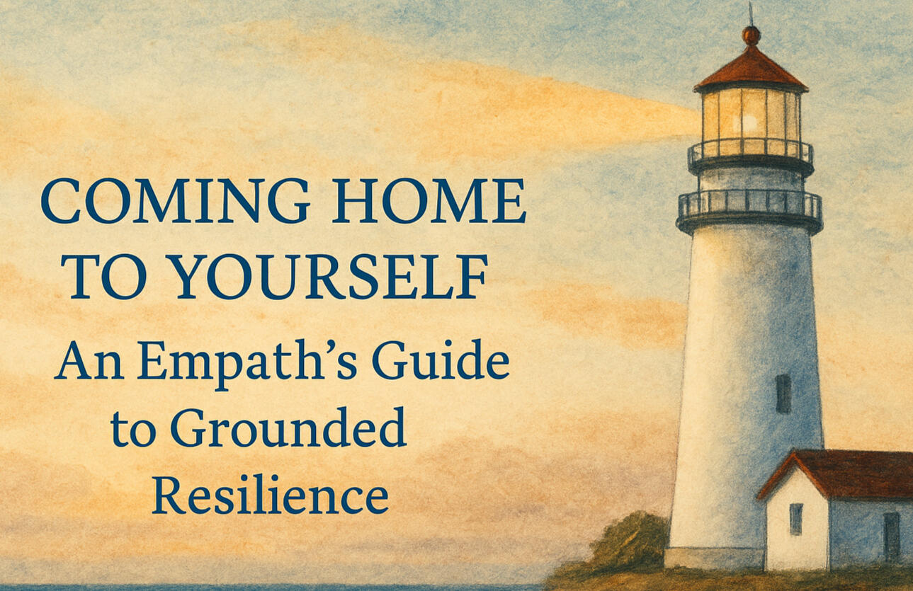 Text: Coming Home To Yourself An Empath's Guide to Grounded Resilience. Image: Lighthouse beaming its light at around sunset